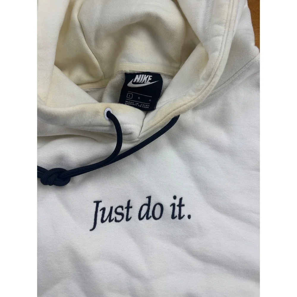 Nike Just Do It Embroidered Hoodie Mens Large White Fleece Pullover Sweatshirt